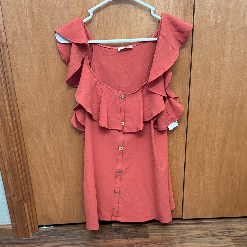 Ruffled Button-Down Coral Top